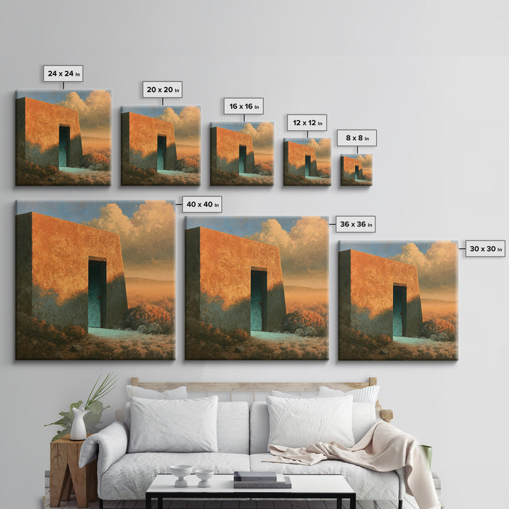 Adobe Doorway with Turquoise Shadow Canvas Print, Desert Art, Oil Painting, Southwestern Decor, Desert, Bedroom Wall Art, DES-1x1-77
