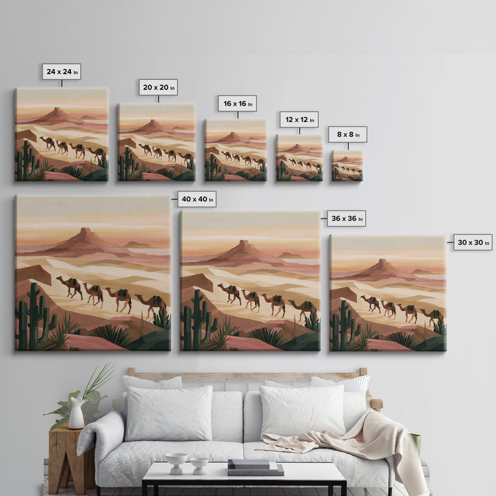 Camel Caravan Crossing Golden Dunes Framed Canvas Print, Desert Art, Art Print, Southwestern Decor, Fine Art, Desert, DES-1x1-79