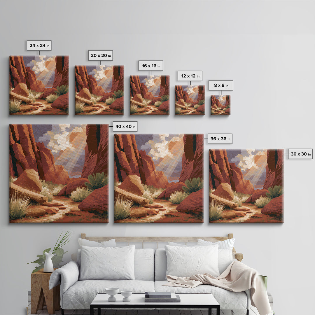 Sandstone Canyon with Dramatic Light Beam Framed Canvas Print, Desert Art, Wall Art, Southwestern Decor, Oil Painting, Desert, DES-1x1-88