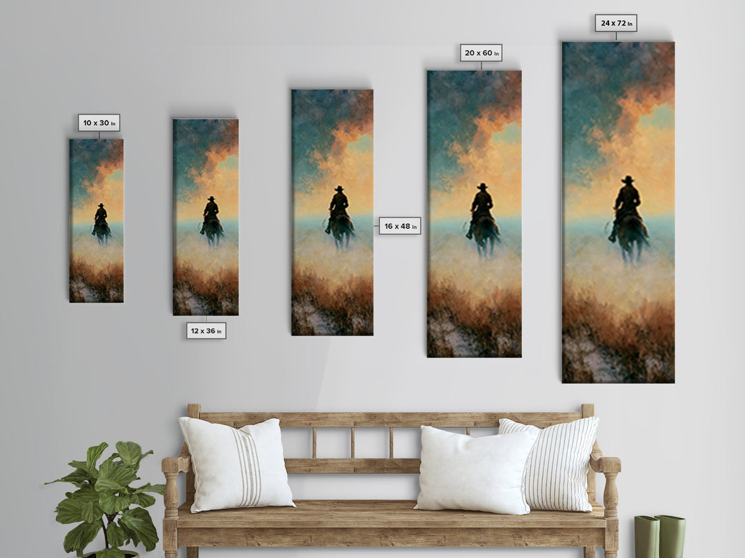 Dusty Horseback Rider at Sunset Canvas Print, Desert Art, Western Decor, Southwestern Decor, Fine Art, Desert, Modern Decor, DES-1x3-11