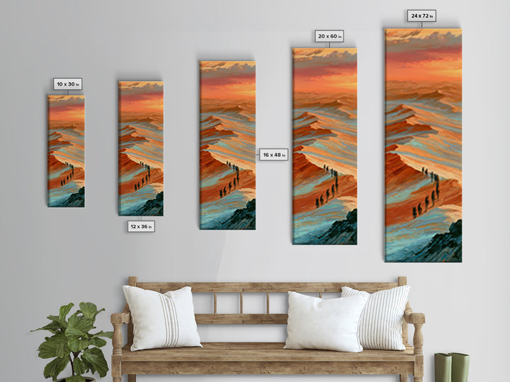 Camel Caravan Crossing Golden Dunes Framed Canvas Print, Desert Art, Mountain Wall Art, Southwestern Decor, Oil Painting, DES-1x3-19