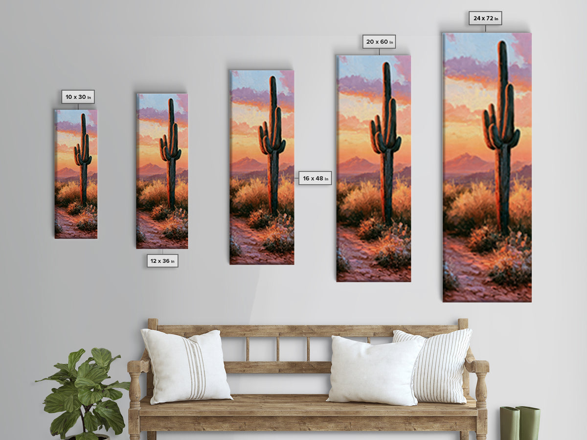 Saguaro Cactus under Orange Sunset Sky Canvas Print, Desert Art, Printable Wall Art, Southwestern Decor, Oil Painting, Desert, DES-1x3-37