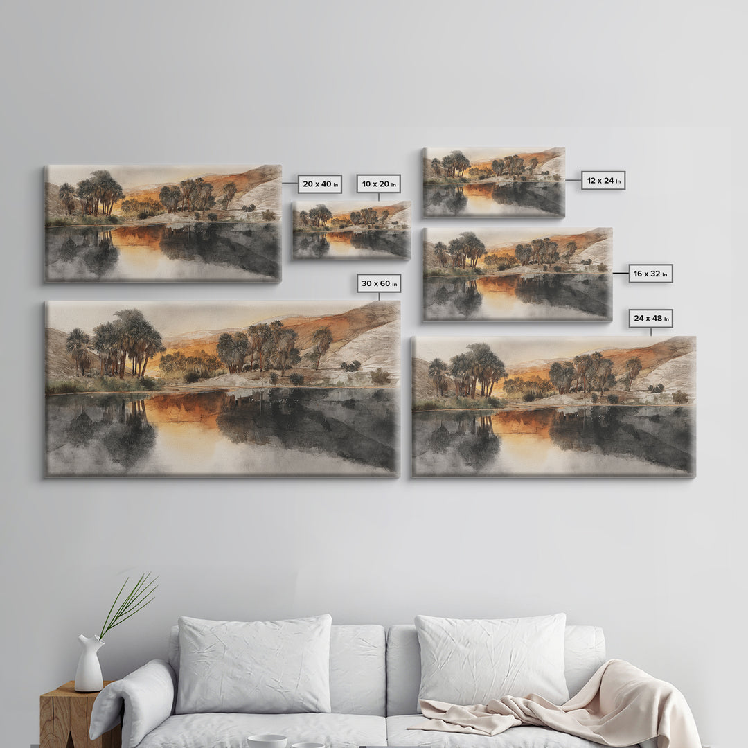 Palm Oasis Reflected Framed Canvas Print, Desert Art, Western Wall Art, Southwestern Decor, Watercolor Art, Desert, DES-2x1-11
