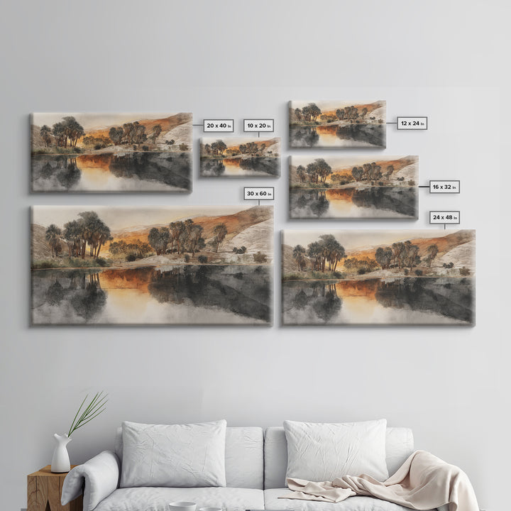 Palm Oasis Reflected Framed Canvas Print, Desert Art, Western Wall Art, Southwestern Decor, Watercolor Art, Desert, DES-2x1-11