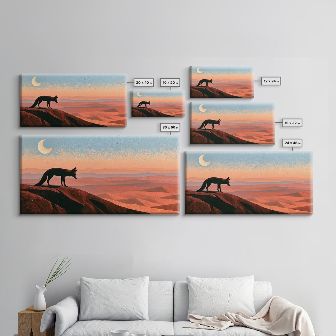 Desert Fox Beneath a Crescent Moon Framed Canvas Print, Desert Art, Original Art, Southwestern Decor, Fine Art, Desert, DES-2x1-37