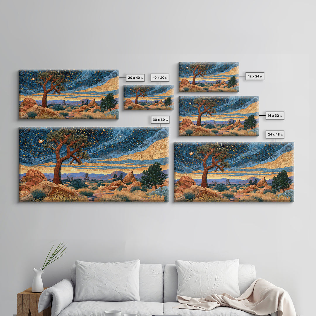 Joshua Tree under Star Filled Night Framed Canvas Print, Desert Art, Southwestern Decor, Oil Painting, Desert, DES-2x1-50