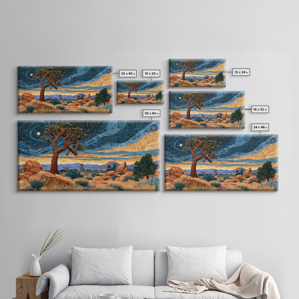 Joshua Tree under Star Filled Night Framed Canvas Print, Desert Art, Southwestern Decor, Oil Painting, Desert, DES-2x1-50
