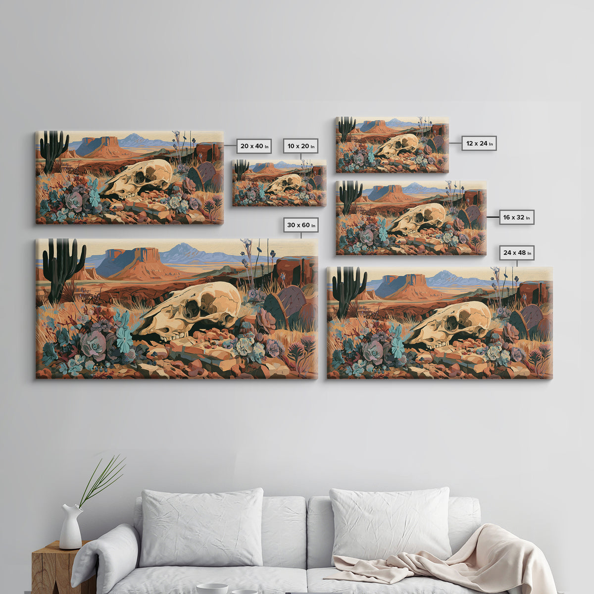 Sun Bleached Skull and Desert Flowers Framed Canvas Print, Desert Art, Wall Art Prints, Southwestern Decor, Fine Art, Desert, DES-2x1-56