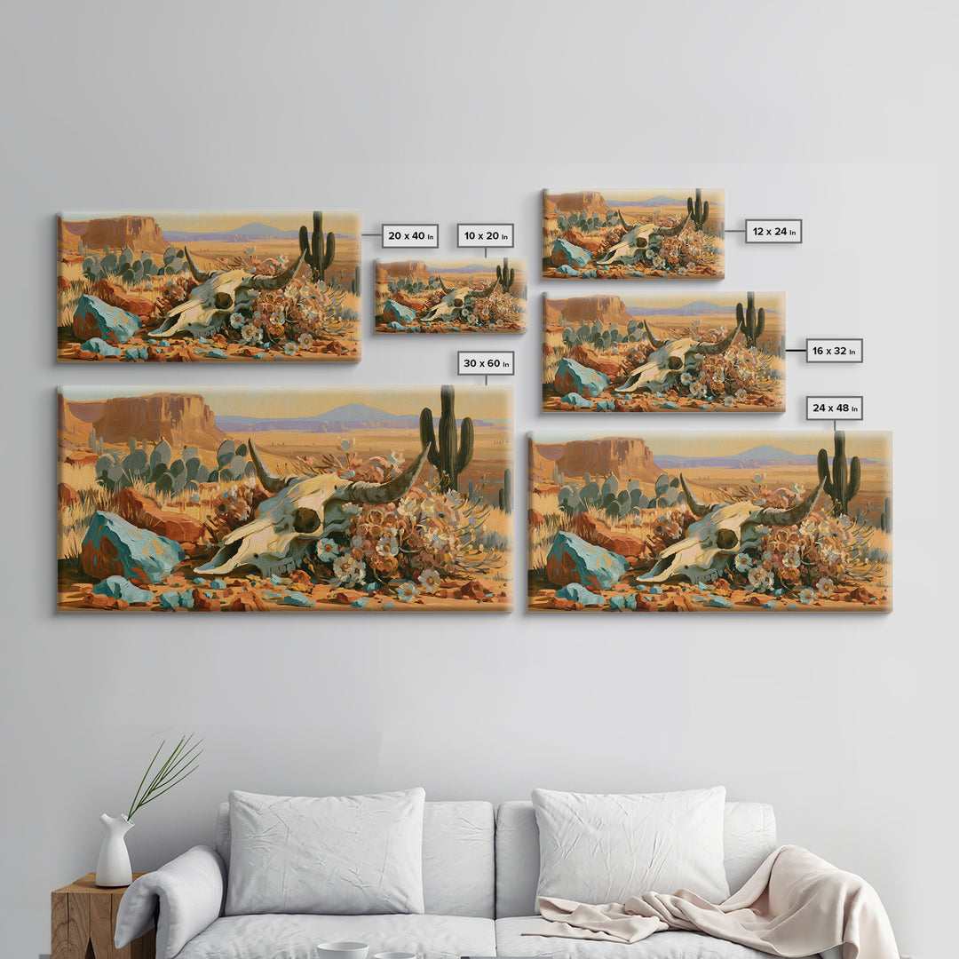 Sun Bleached Skull and Desert Flowers Framed Canvas Print, Desert Art, Art Print, Southwestern Decor, Watercolor Art, Desert, DES-2x1-8
