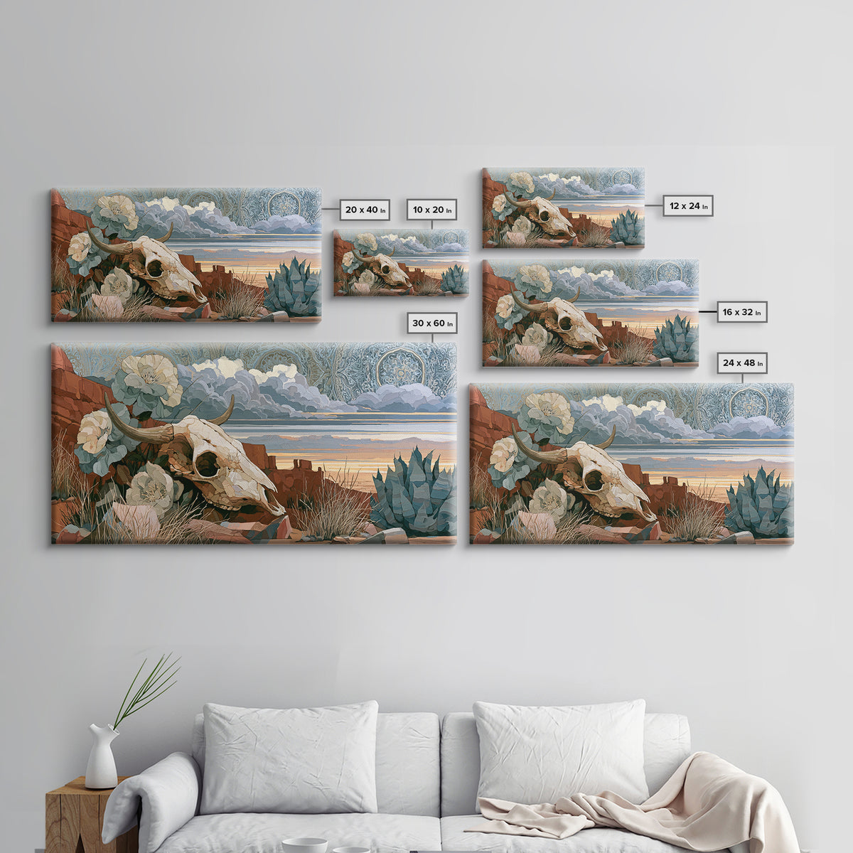 Sun Bleached Skull and Desert Flowers Framed Canvas Print, Desert Art, Modern Wall Art, Southwestern Decor, Oil Painting, DES-2x1-80