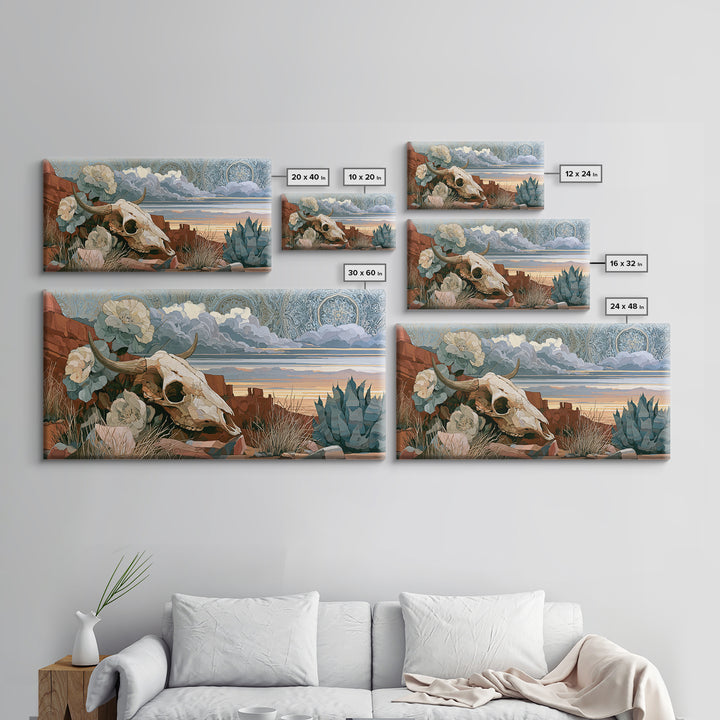 Sun Bleached Skull and Desert Flowers Framed Canvas Print, Desert Art, Modern Wall Art, Southwestern Decor, Oil Painting, DES-2x1-80