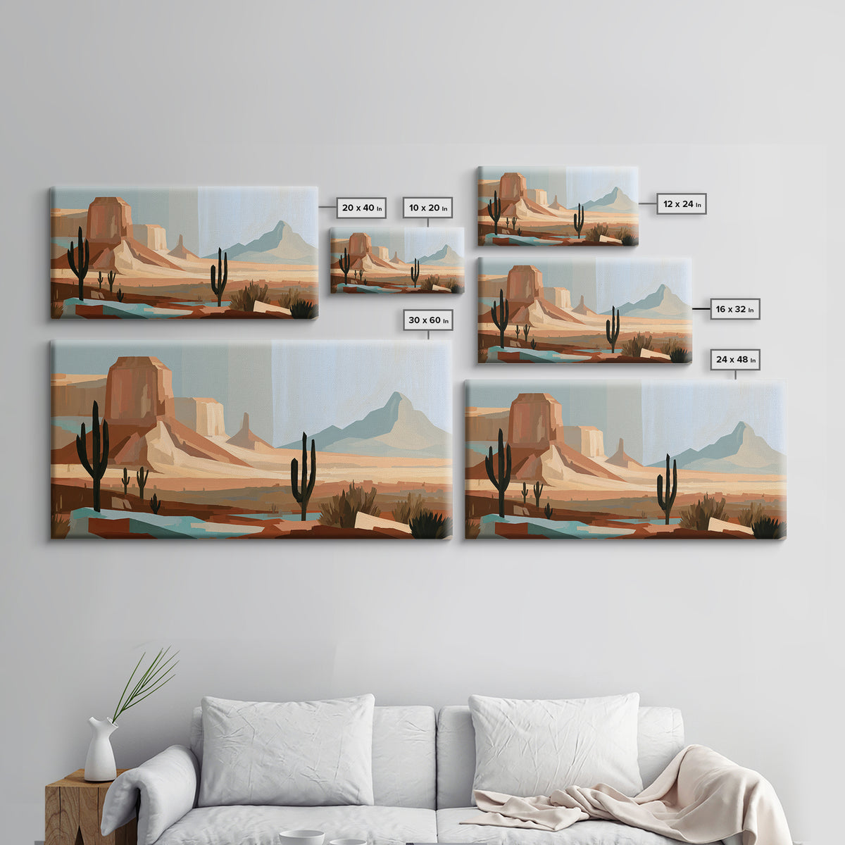 Terracotta and Cream Geometric Landscape Framed Canvas Print, Desert Art, Boho, Southwestern Decor, Watercolor Art, Desert, DES-2x1-86