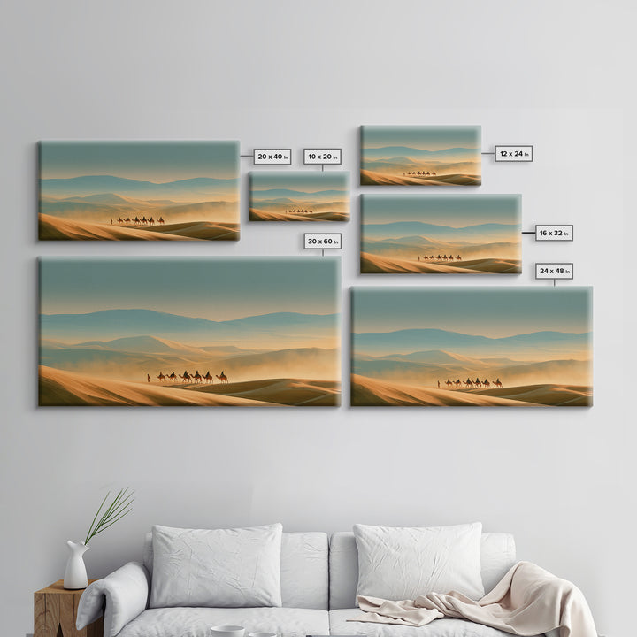 Camel Caravan Crossing Golden Dunes Framed Canvas Print, Desert Art, Western Wall Art, Southwestern Decor, Fine Art, Desert, DES-2x1-99