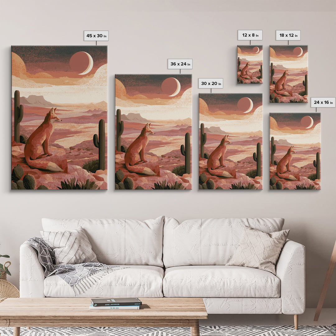 Desert Fox Beneath a Crescent Moon Framed Canvas Print, Desert Art, Abstract Wall Art, Southwestern Decor, Oil Painting, Desert, DES-2x3-1