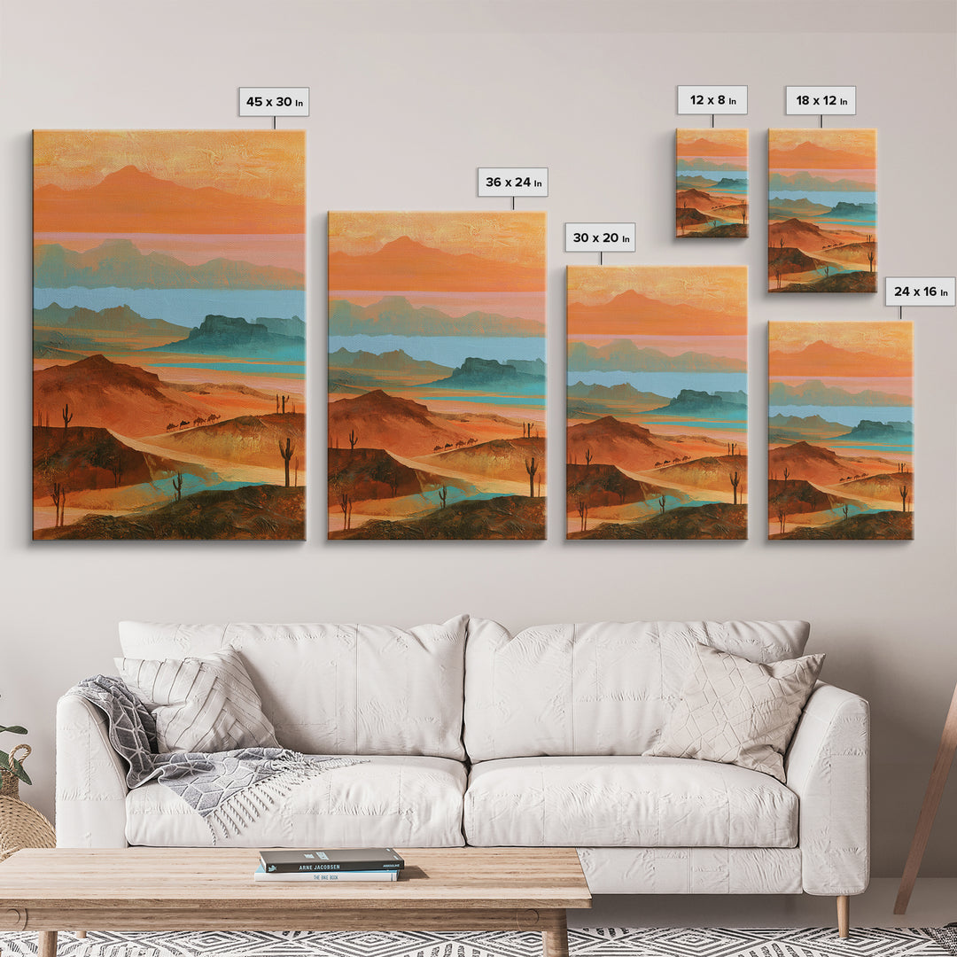 Saharan Dunes with Tiny Caravan Silhouettes Canvas Print, Desert Art, Print, Southwestern Decor, Desert, Watercolor Painting, DES-2x3-10