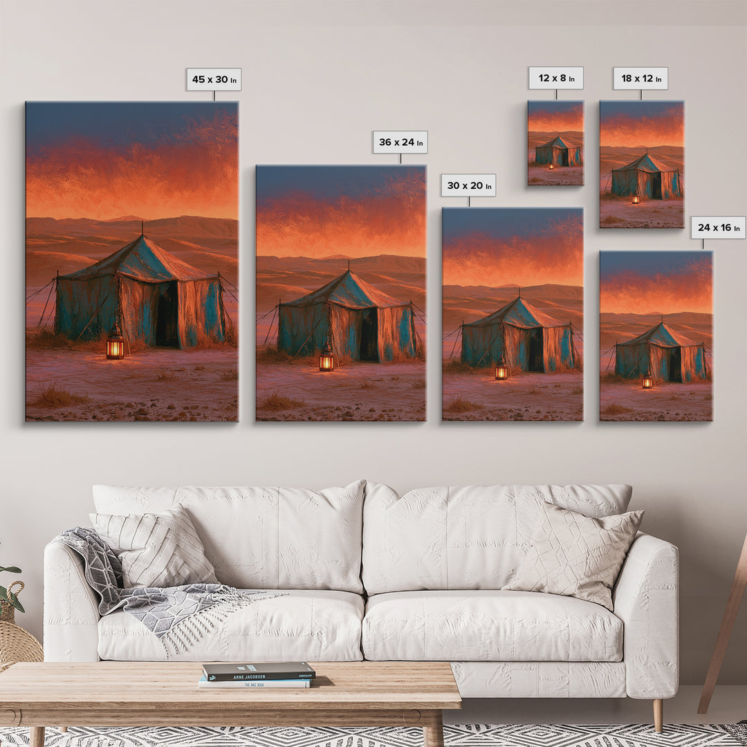 Moroccan Desert Tent Framed Canvas Print, Desert Art, Boho, Southwestern Decor, Desert, Mountain Wall Art, Landscape Wall Art, DES-2x3-19