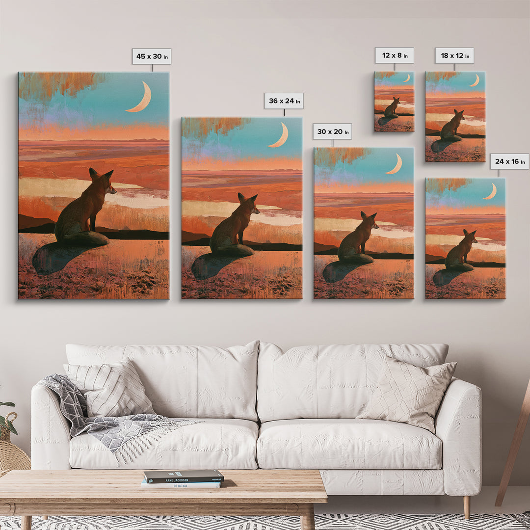 Desert Fox Beneath a Crescent Moon Framed Canvas Print, Desert Art, Abstract Wall Art, Southwestern Decor, Oil Painting, Desert, DES-2x3-25