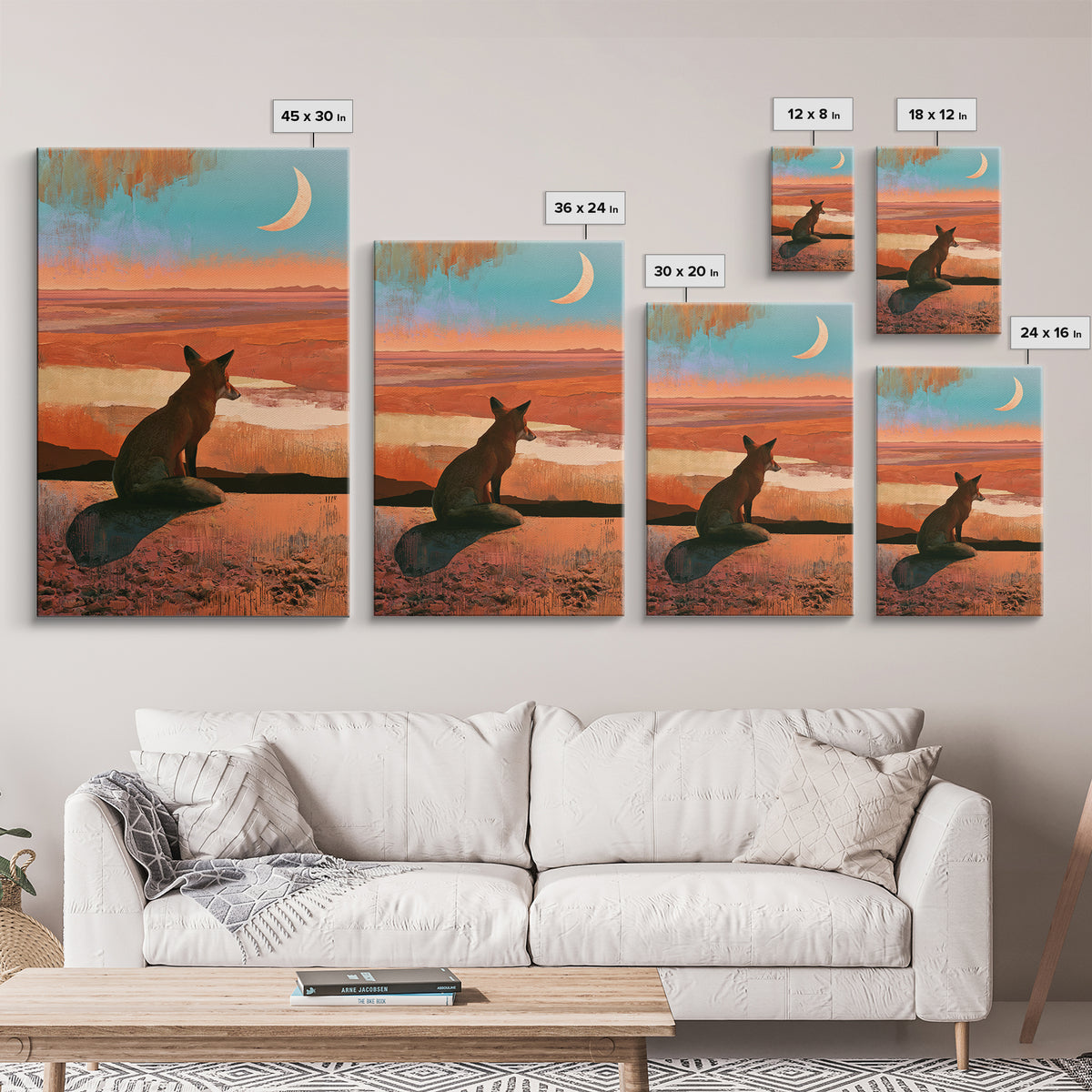 Desert Fox Beneath a Crescent Moon Framed Canvas Print, Desert Art, Abstract Wall Art, Southwestern Decor, Oil Painting, Desert, DES-2x3-25