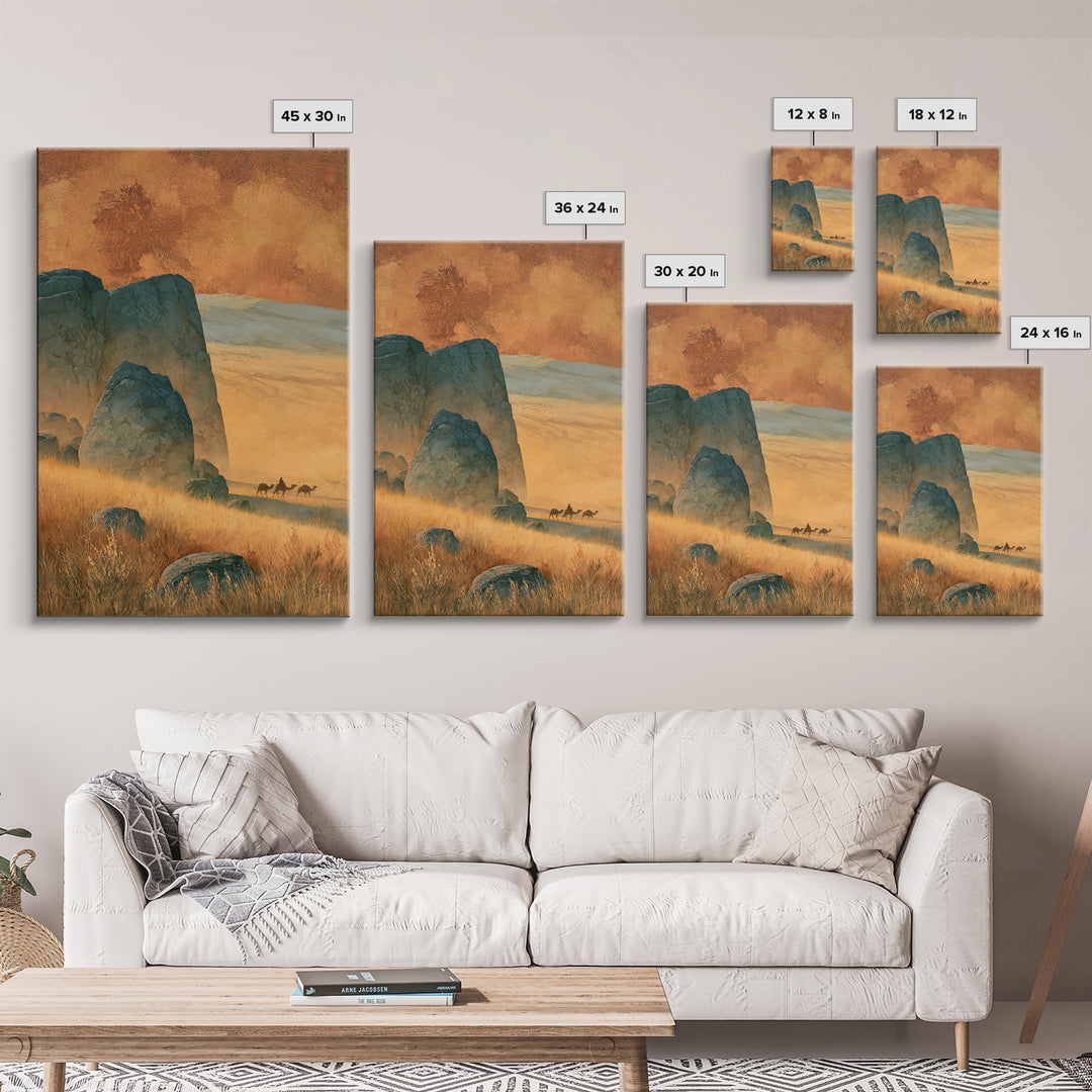 Saharan Dunes with Tiny Caravan Silhouettes Framed Canvas Print, Desert Art, Boho, Southwestern Decor, Fine Art, Desert, DES-2x3-34