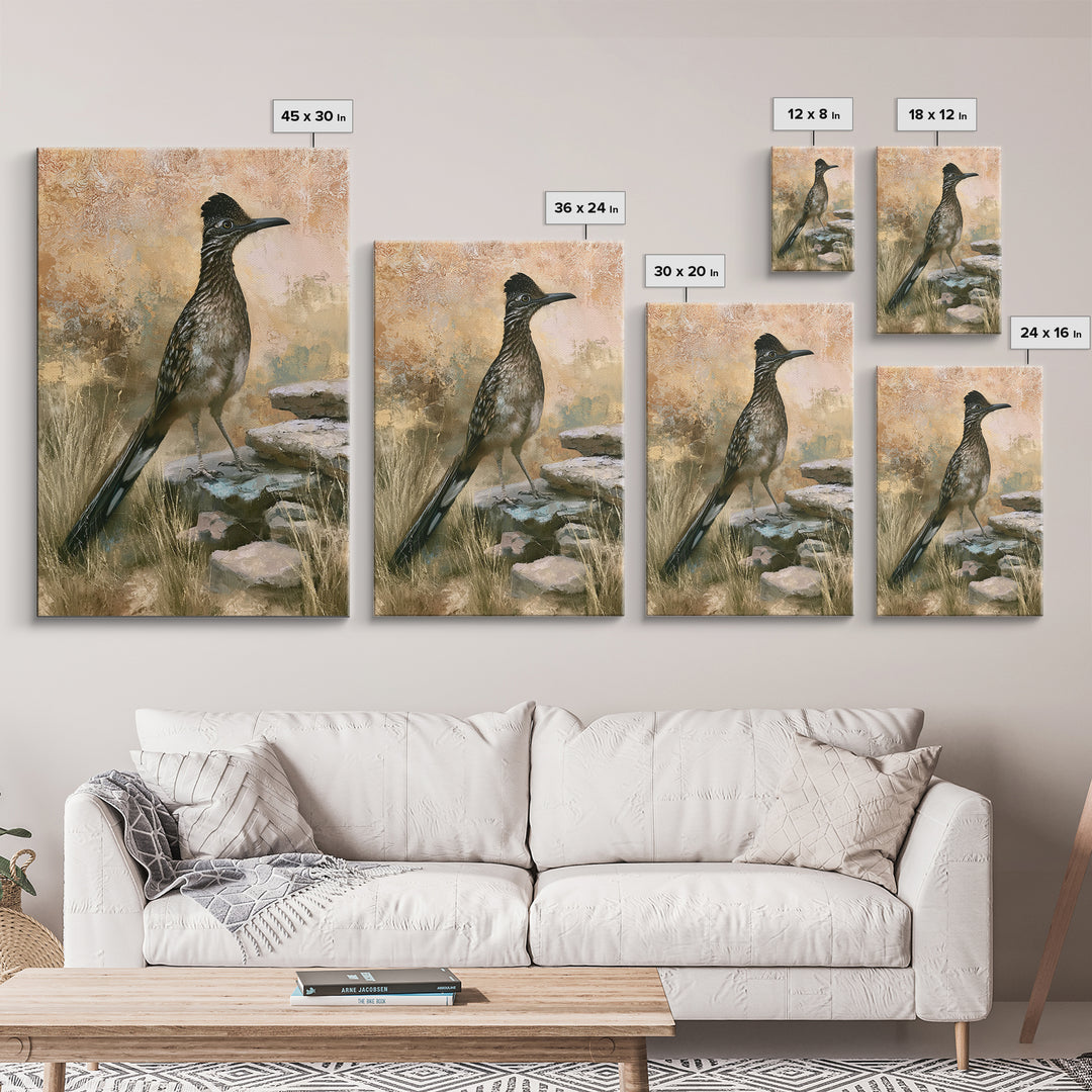 Roadrunner Bird in a Dry Wash Framed Canvas Print, Desert Art, Original Painting, Southwestern Decor, Fine Art, Desert, DES-2x3-46