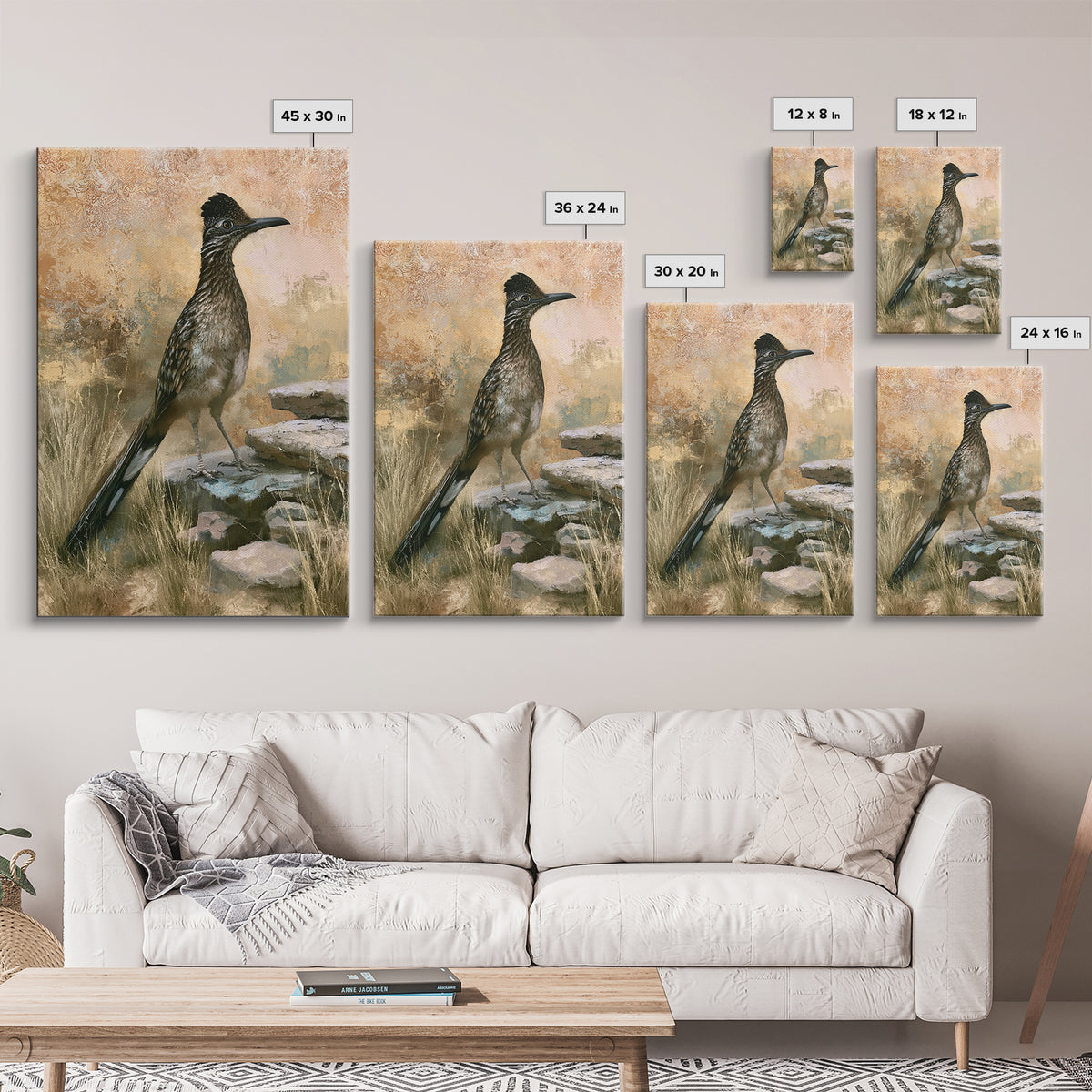 Roadrunner Bird in a Dry Wash Framed Canvas Print, Desert Art, Original Painting, Southwestern Decor, Fine Art, Desert, DES-2x3-46