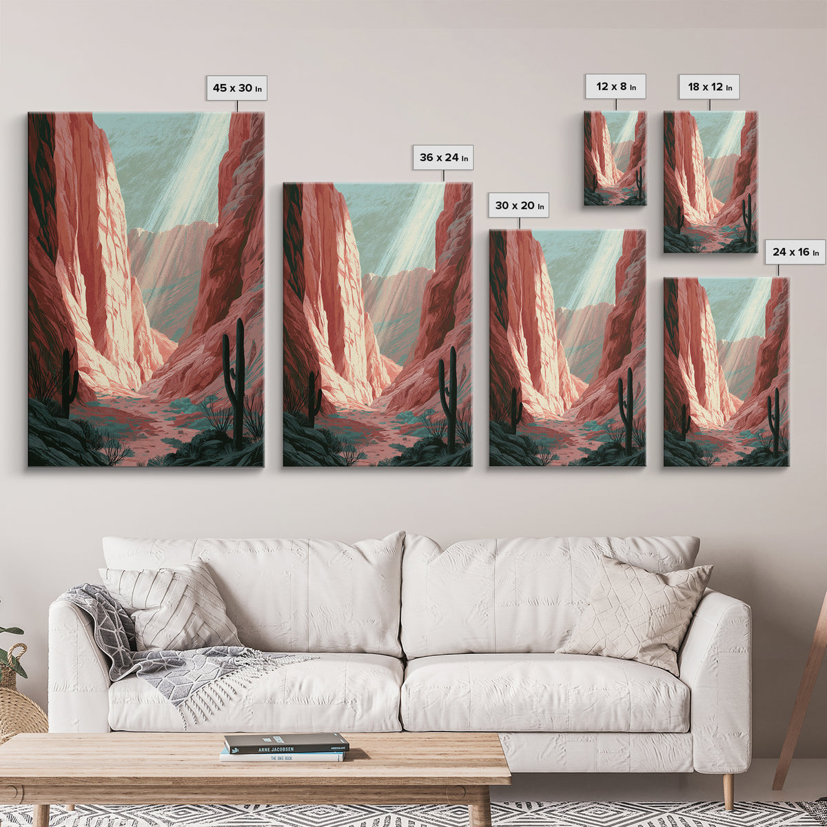 Sandstone Canyon with Dramatic Light Beam Framed Canvas Print, Desert Art, Boho, Southwestern Decor, Watercolor Art, Desert, DES-2x3-48