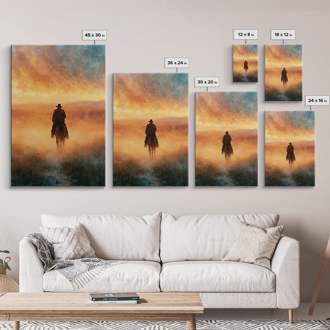 Dusty Horseback Rider at Sunset Framed Canvas Print, Desert Art, Boho Decor, Southwestern Decor, Oil Painting, Desert, DES-2x3-55