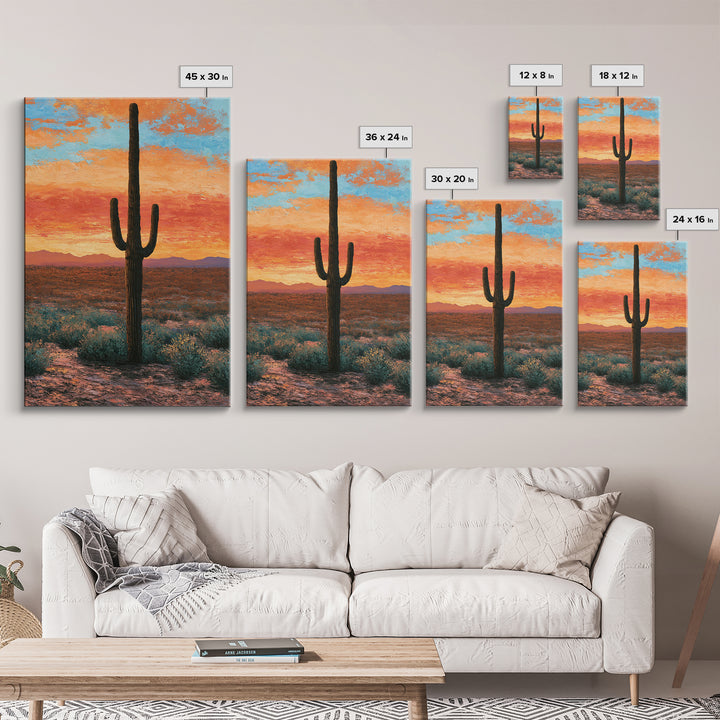 Saguaro Cactus under Orange Sunset Sky Canvas Print, Desert Art, Living Room Art, Southwestern Decor, Fine Art, Desert, DES-2x3-57