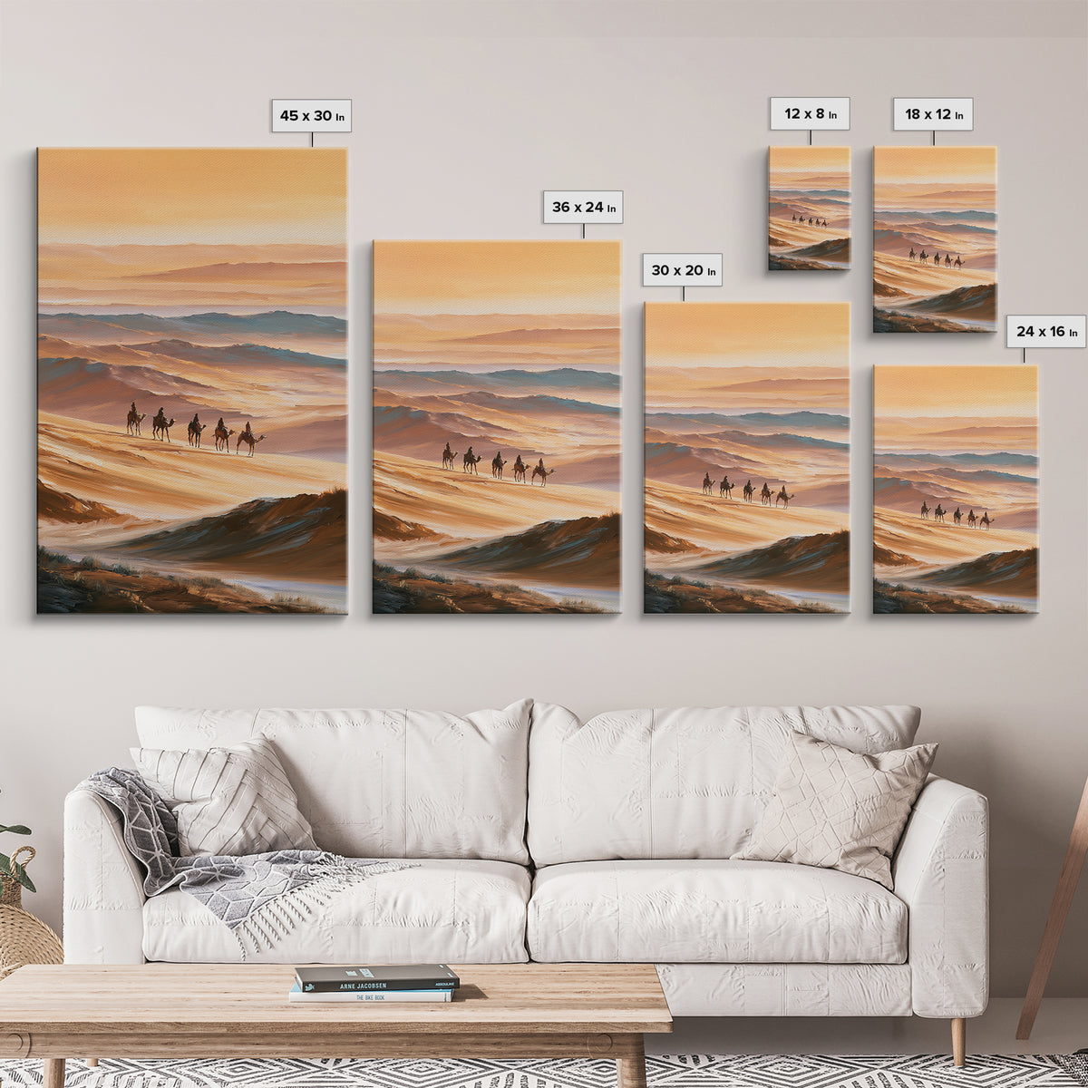 Camel Caravan Crossing Golden Dunes Framed Canvas Print, Desert Art, Botanical Art, Southwestern Decor, Watercolor Art, Desert, DES-2x3-63