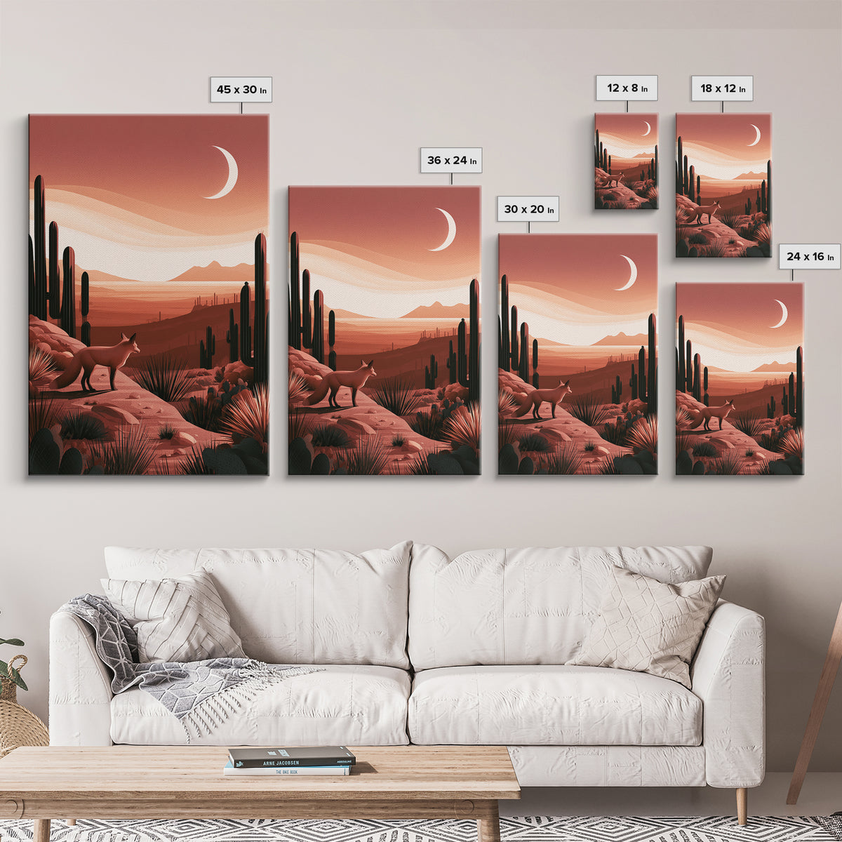 Desert Fox Beneath a Crescent Moon Framed Canvas Print, Desert Art, Botanical Art, Southwestern Decor, Fine Art, Desert, DES-2x3-73