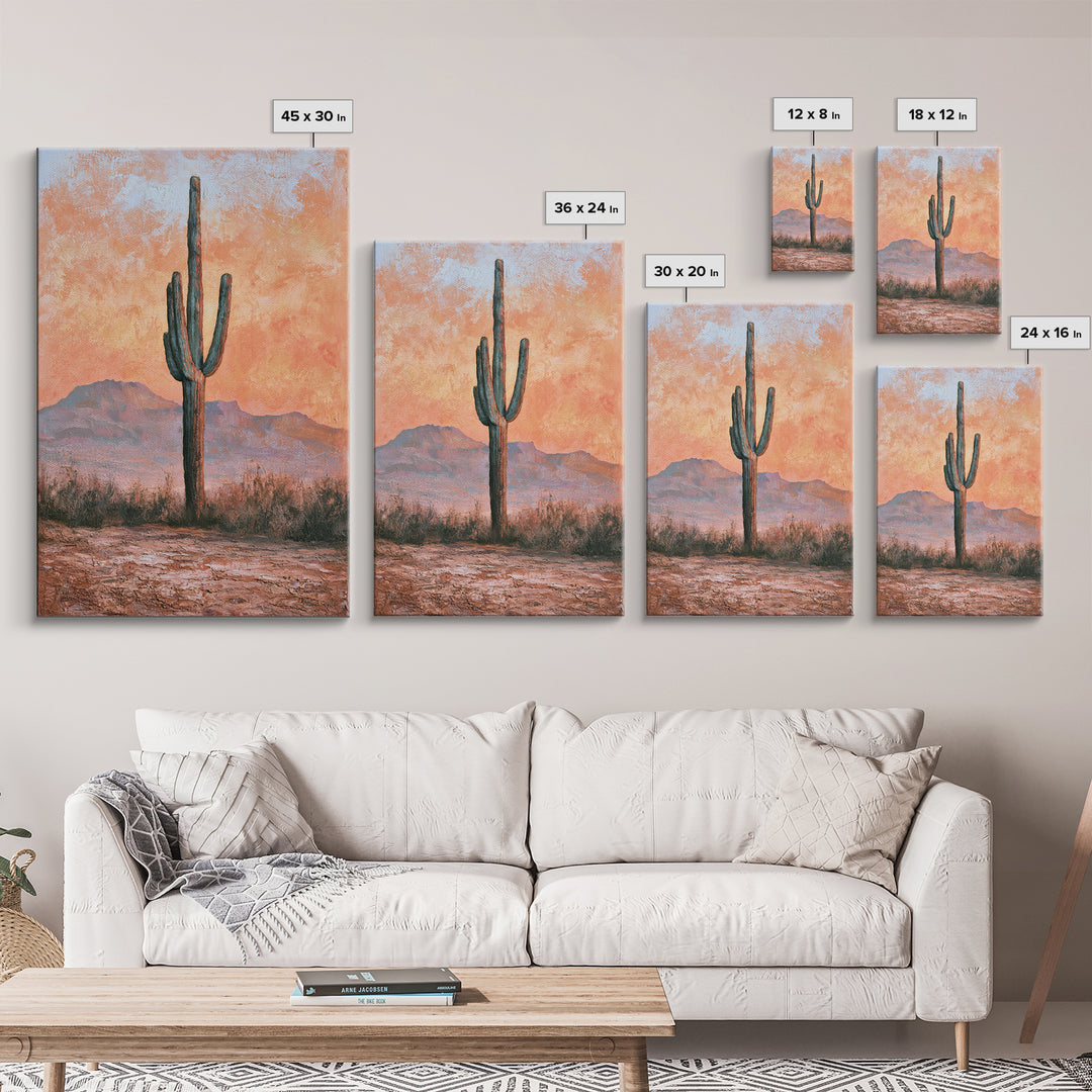 Saguaro Cactus under Orange Sunset Sky Canvas Print, Desert Art, Living Room Art, Southwestern Decor, Fine Art, Desert, DES-2x3-81