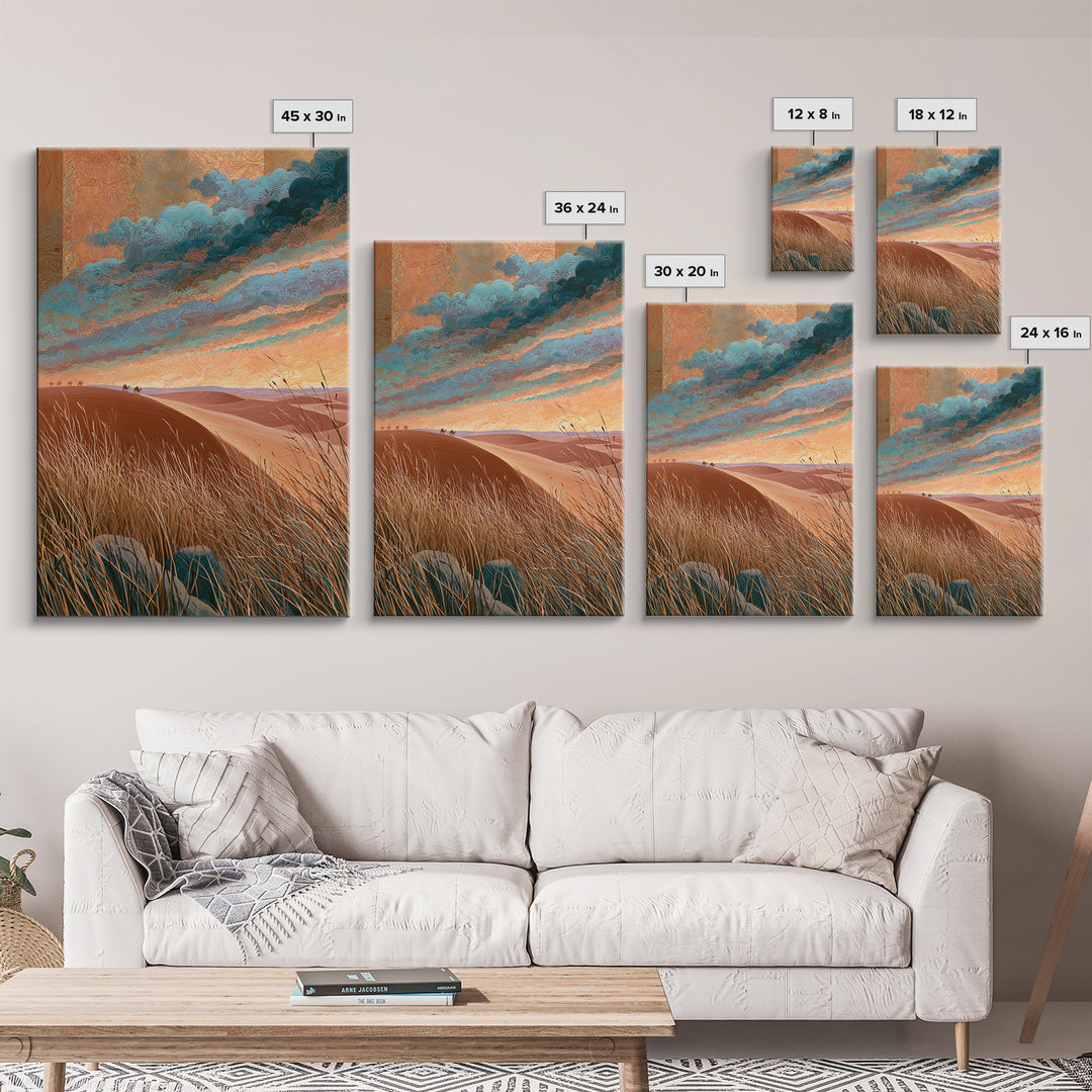 Saharan Dunes with Tiny Caravan Silhouettes Canvas Print, Desert Art, Boho Wall Art, Southwestern Decor, Watercolor Art, Desert, DES-2x3-82