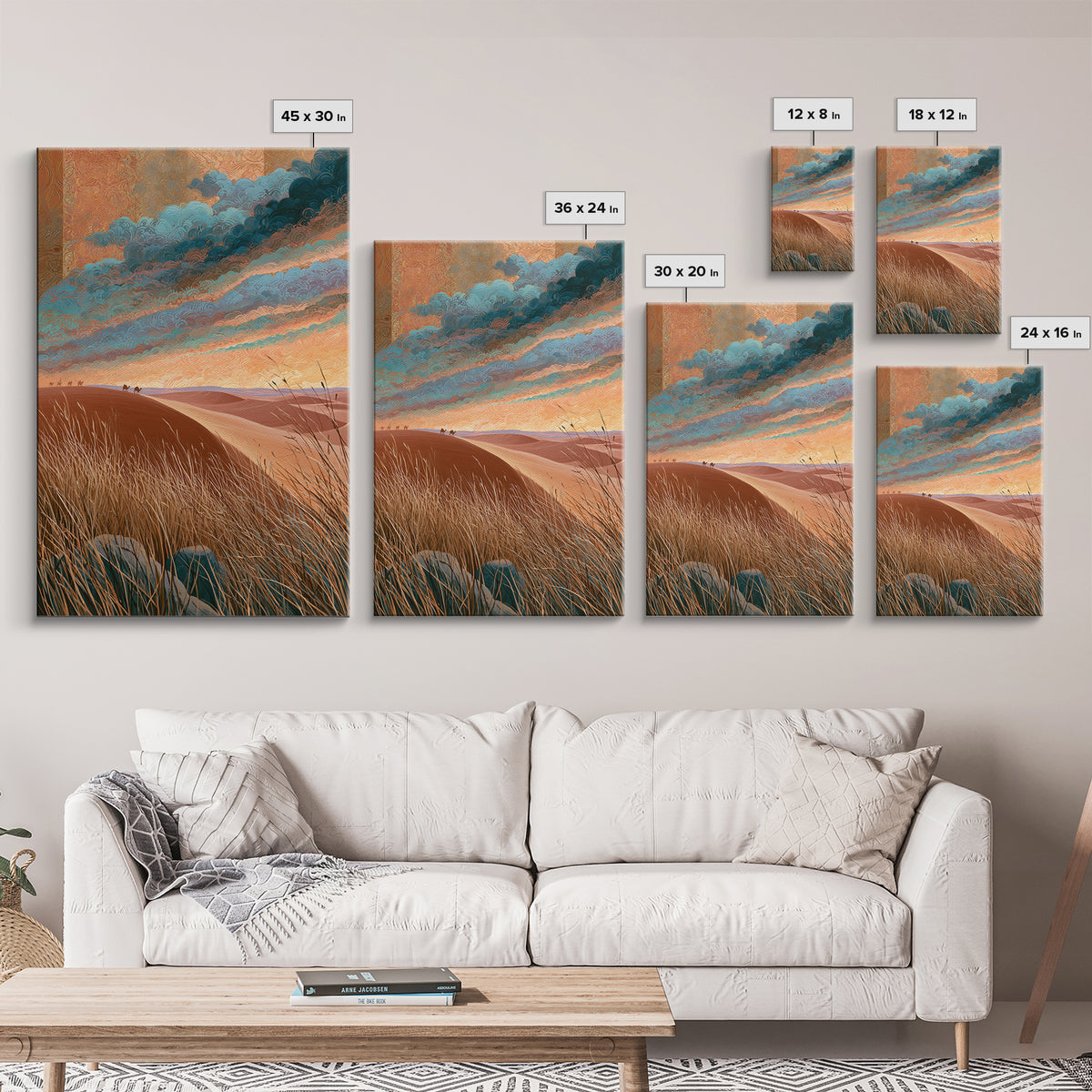 Saharan Dunes with Tiny Caravan Silhouettes Canvas Print, Desert Art, Boho Wall Art, Southwestern Decor, Watercolor Art, Desert, DES-2x3-82