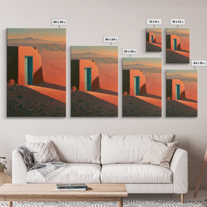 Adobe Doorway with Turquoise Shadow Framed Canvas Print, Desert Art, Nature Wall Art, Southwestern Decor, Oil Painting, Desert, DES-2x3-85