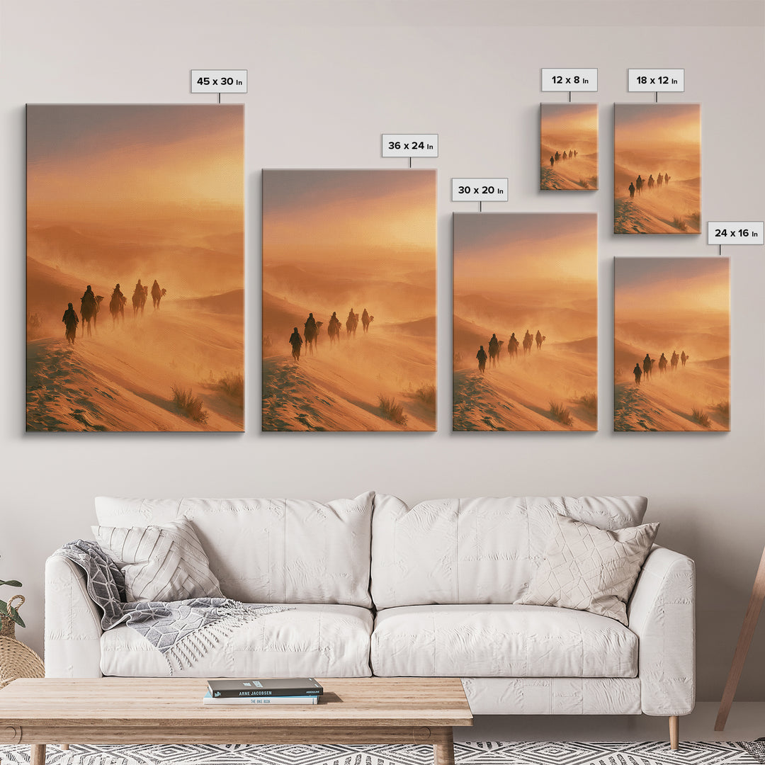 Camel Caravan Crossing Golden Dunes Framed Canvas Print, Desert Art, Southwestern Decor, Oil Painting, Desert, DES-2x3-87