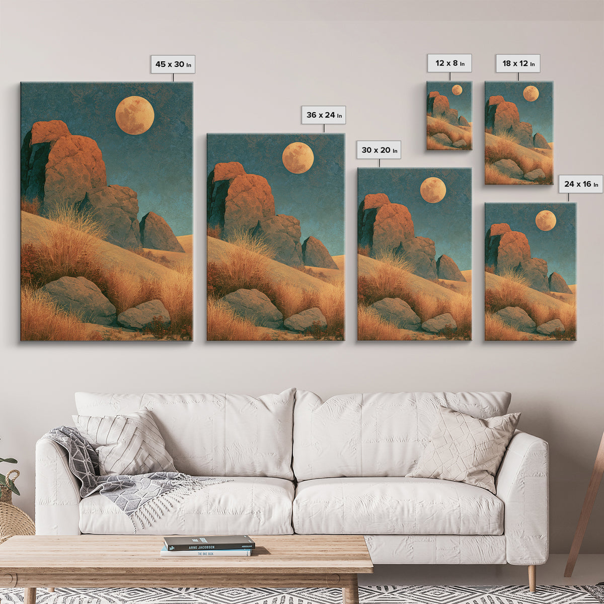 Desert Moon over Rolling Sand Framed Canvas Print, Desert Art, Modern Wall Art, Southwestern Decor, Oil Painting, Desert, DES-2x3-90