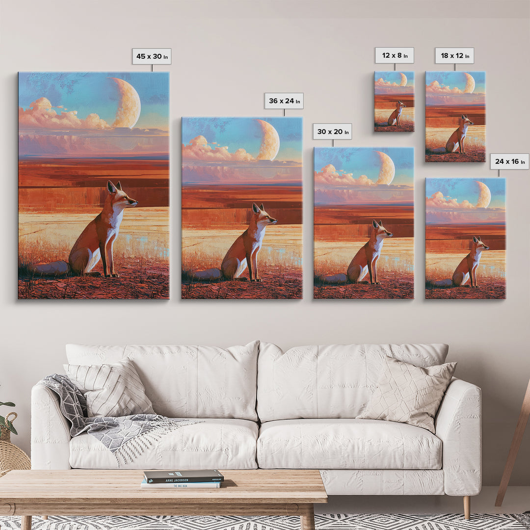 Desert Fox Beneath a Crescent Moon Framed Canvas Print, Desert Art, Botanical Art, Southwestern Decor, Fine Art, Desert, DES-2x3-97