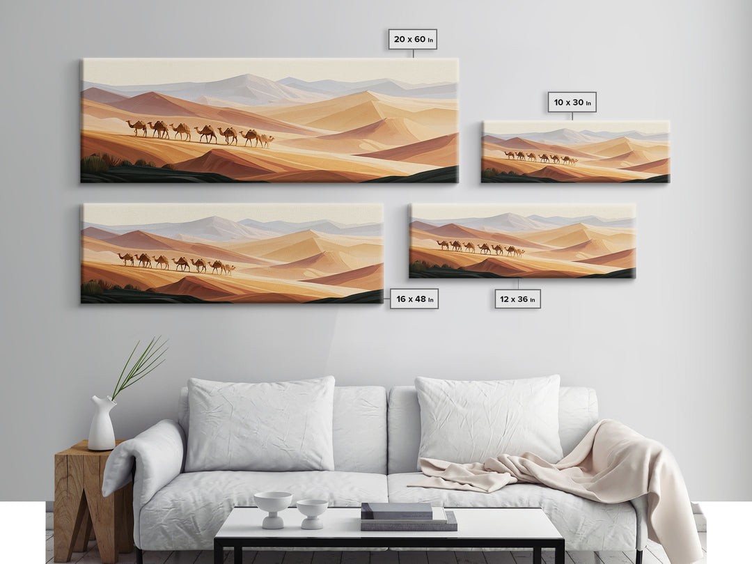 Camel Caravan Crossing Golden Dunes Framed Canvas Print, Desert Art, Contemporary Art, Southwestern Decor, Fine Art, Desert, DES-3x1-23