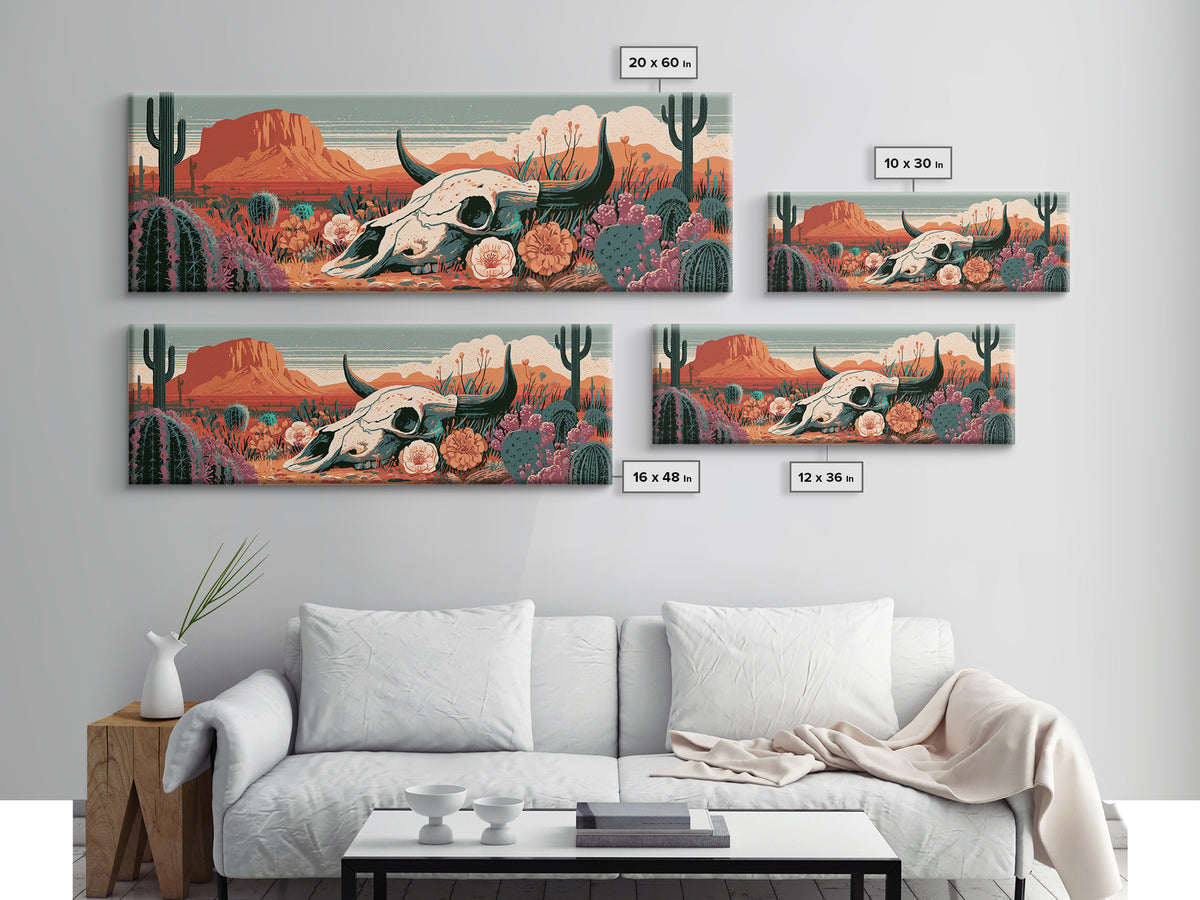 Sun Bleached Skull and Desert Flowers Canvas Print, Desert Art, Landscape Wall Art, Southwestern Decor, Watercolor Art, Desert, DES-3x1-4