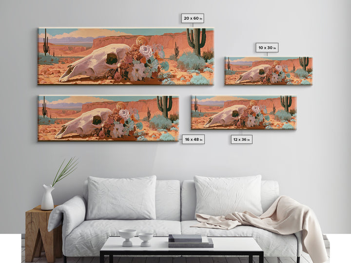 Sun Bleached Skull and Desert Flowers Framed Canvas Print, Desert Art, Contemporary Art, Southwestern Decor, Fine Art, Desert, DES-3x1-52
