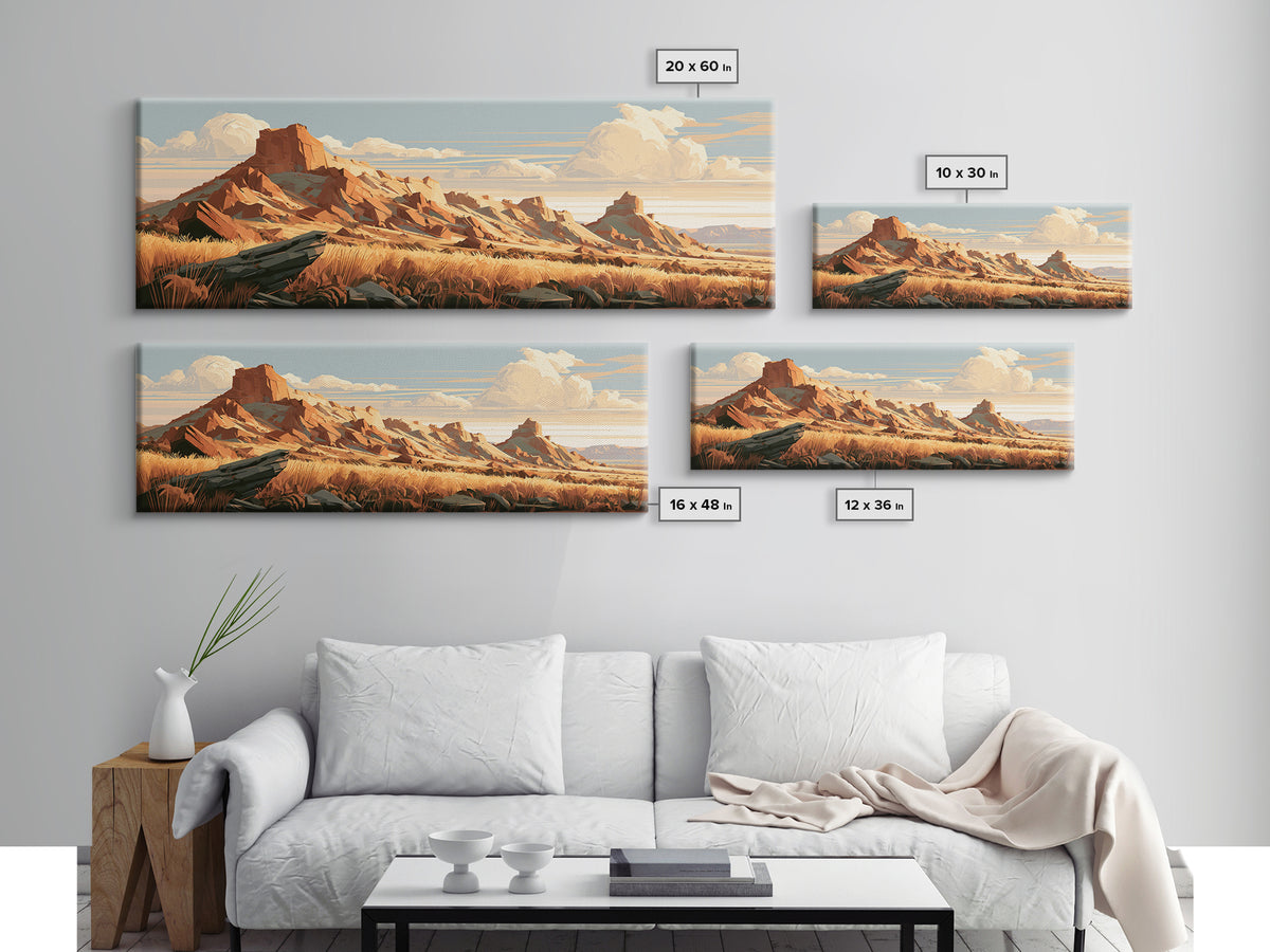 Terracotta and Cream Geometric Landscape Framed Canvas Print, Desert Art, Western Wall Art, Southwestern Decor, Oil Painting, DES-3x1-58