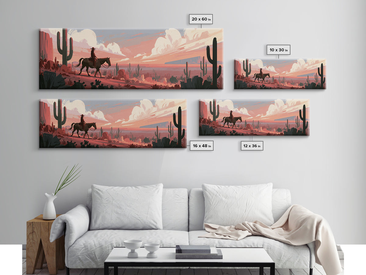 Dusty Horseback Rider at Sunset Framed Canvas Print, Desert Art, Room Decor, Southwestern Decor, Desert, Abstract Wall Art, DES-3x1-63