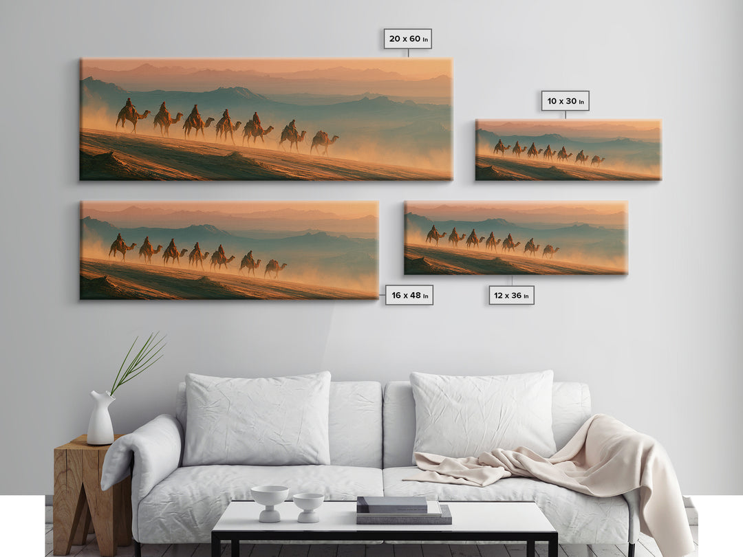 Camel Caravan Crossing Golden Dunes Canvas Print, Desert Art, Boho Wall Art, Southwestern Decor, Oil Painting, Desert, DES-3x1-71