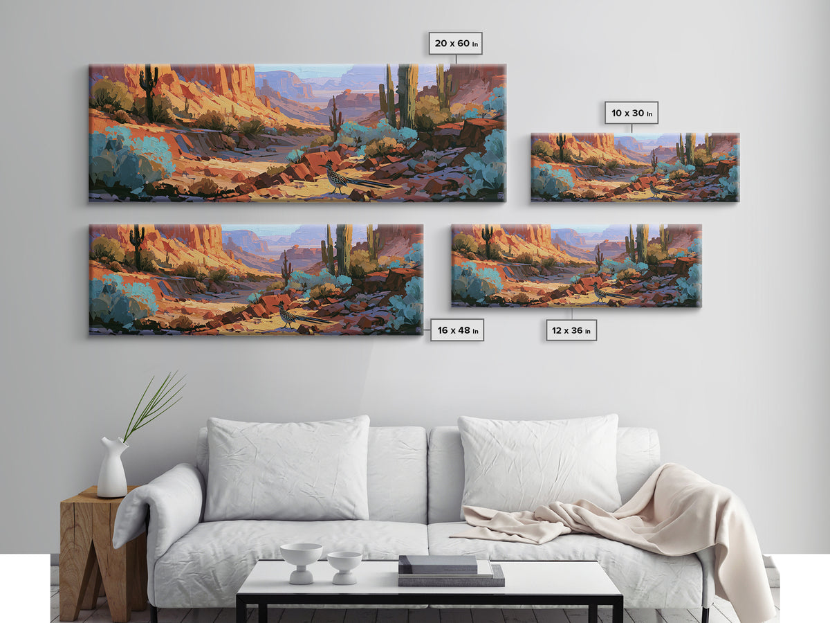 Roadrunner Bird in a Dry Wash Canvas Print, Desert Art, Printable Art, Southwestern Decor, Oil Painting, Desert, DES-3x1-78