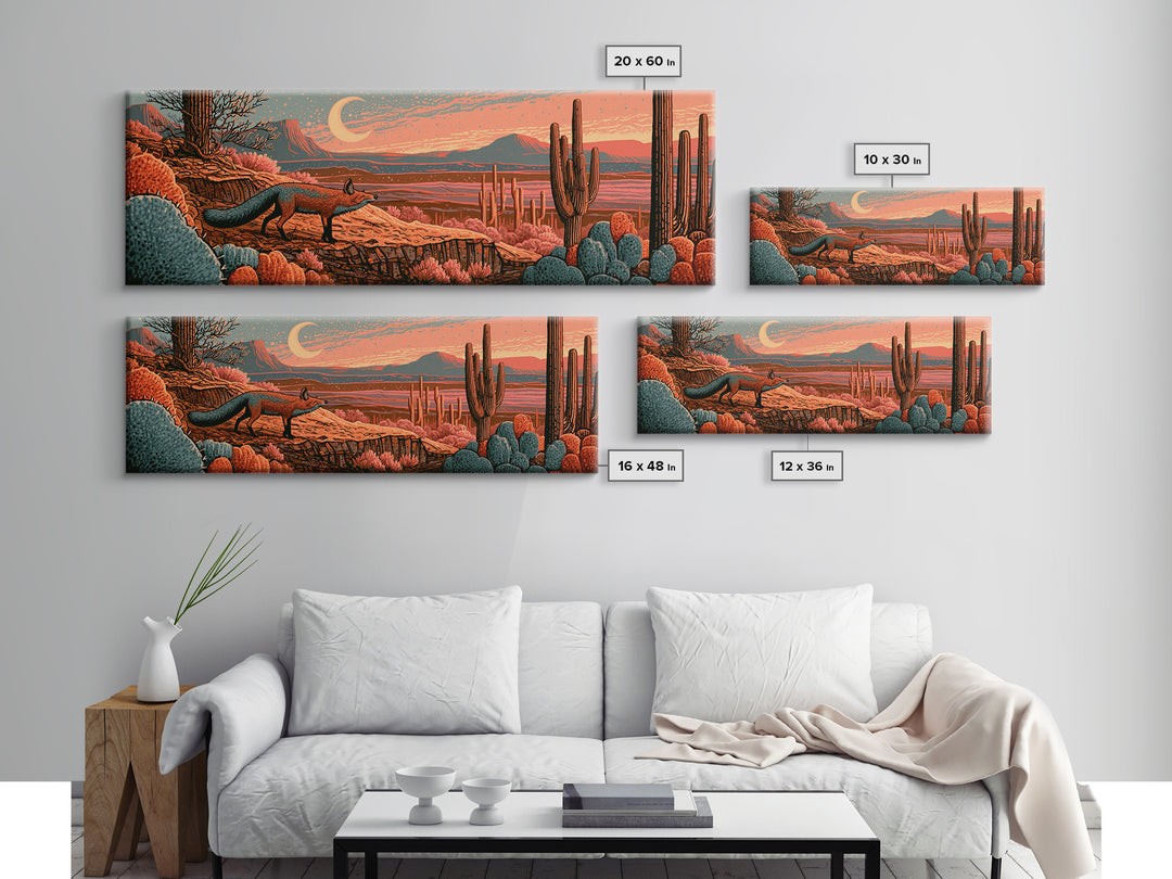 Desert Fox Beneath a Crescent Moon Framed Canvas Print, Desert Art, Mountain Wall Art, Southwestern Decor, Fine Art, Desert, DES-3x1-9