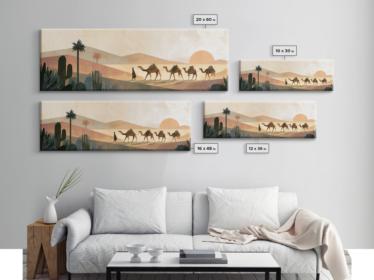 Camel Caravan Crossing Golden Dunes Canvas Print, Desert Art, Watercolor Painting, Southwestern Decor, Fine Art, Desert, DES-3x1-95