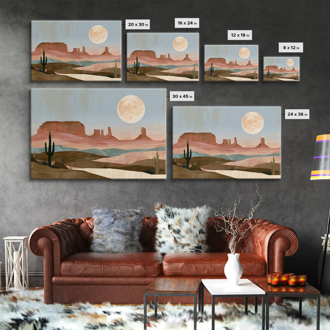 Desert Moon over Rolling Sand Framed Canvas Print, Desert Art, Modern Wall Art, Southwestern Decor, Oil Painting, Desert, DES-3x2-14