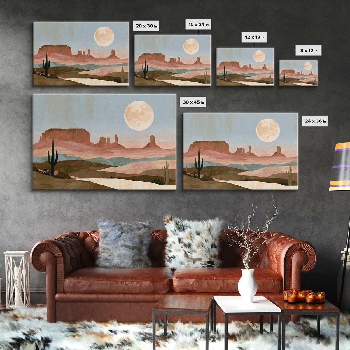 Desert Moon over Rolling Sand Framed Canvas Print, Desert Art, Modern Wall Art, Southwestern Decor, Oil Painting, Desert, DES-3x2-14
