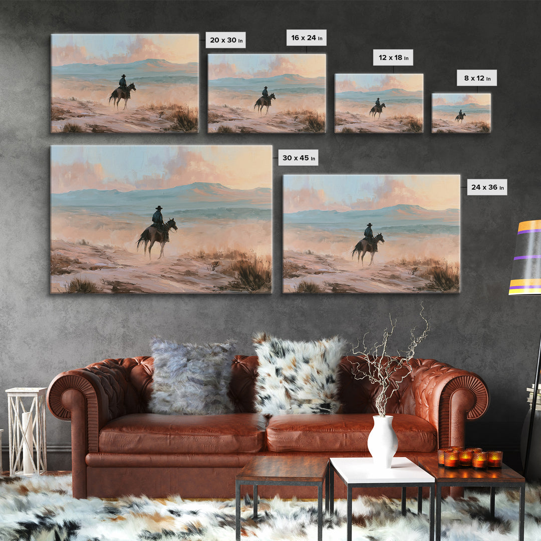Dusty Horseback Rider at Sunset Framed Canvas Print, Desert Art, Wall Art, Southwestern Decor, Desert, Apartment Decor, DES-3x2-27