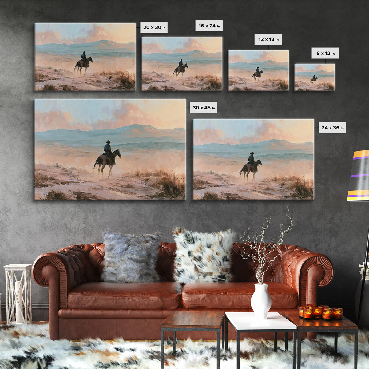 Dusty Horseback Rider at Sunset Framed Canvas Print, Desert Art, Wall Art, Southwestern Decor, Desert, Apartment Decor, DES-3x2-27